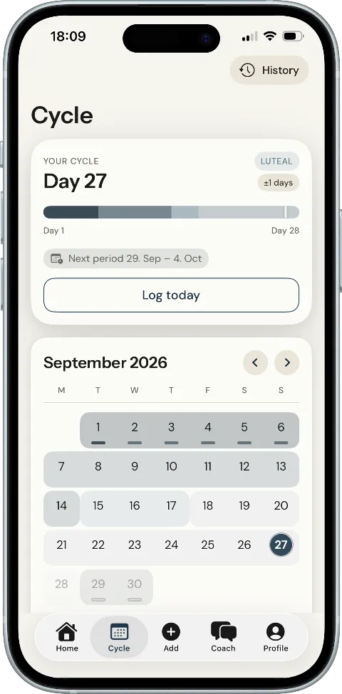 The Becomr cycle screen, logging today against the calendar.