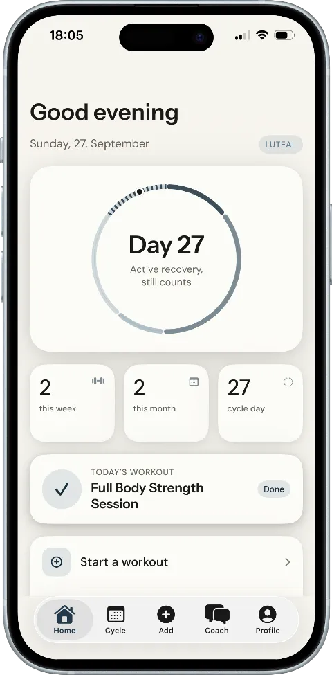 Becomr's today screen, showing a workout planned around your current phase.