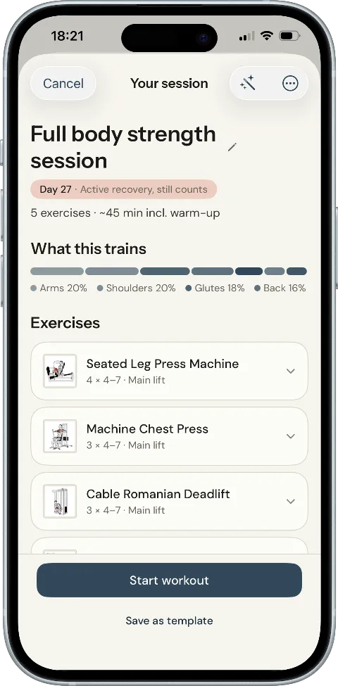 The Workouts tab in Becomr, with today’s Full Body Strength session.
